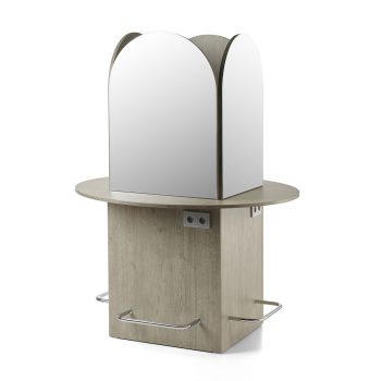 Poste de coiffage en îlot central 4 places avec miroirs arrondie, reposes pieds intégrés