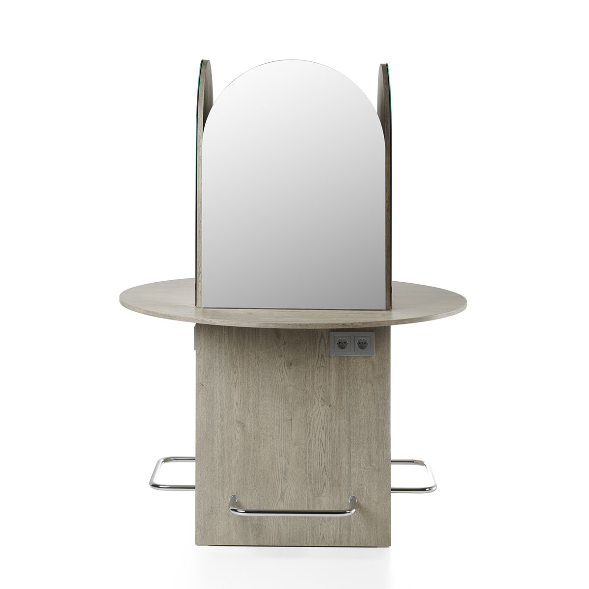 Poste de coiffage en îlot central 4 places avec miroirs arrondie, reposes pieds intégrés