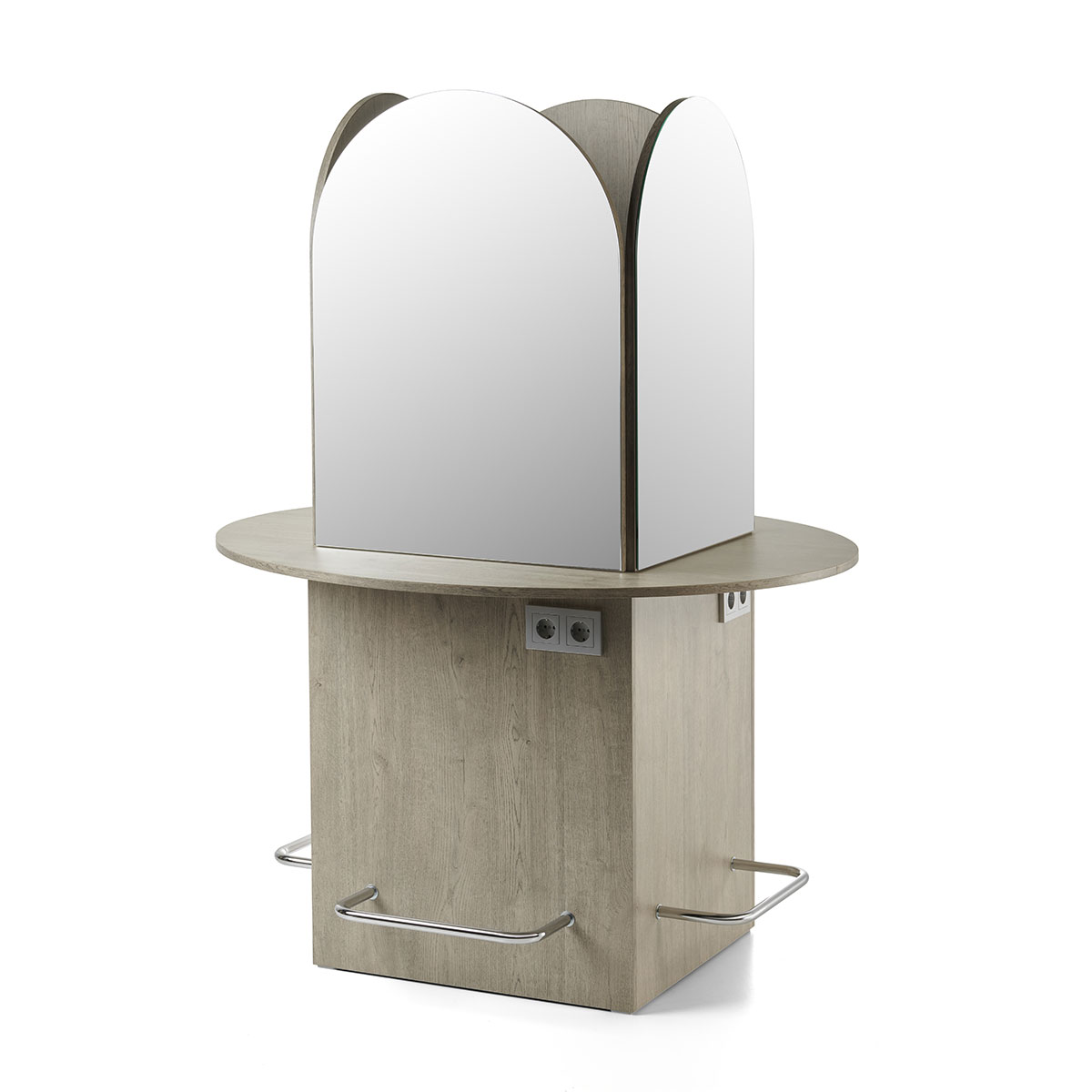 Poste de coiffage en îlot central 4 places avec miroirs arrondie, reposes pieds intégrés