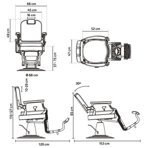 Fauteuil de barbier avec pompe hydraulique, dossier inclinable, repose-tête intégré réglable, accoudoirs et repose-pieds, revêtement noir.