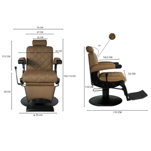 Siège de barbier réglable en hauteur par pompe hydraulique et en position allongée, en métal noir et finition skaï marron taupe