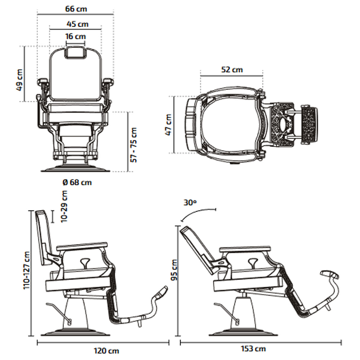 Fauteuil de barbier avec pompe hydraulique, dossier inclinable, repose-tête intégré réglable, accoudoirs et repose-pieds, revêtement noir.