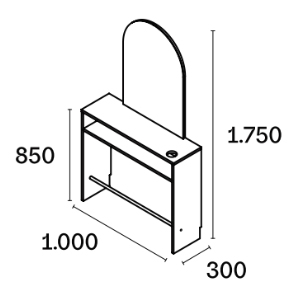 Coiffeuse murale avec miroir arronid et structure en stratifié avec porte séchoir et repose pieds chromés intégrés