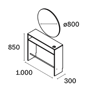 poste de coiffage mural avec structure stratifié intégrant porte séchoir, repose pied et d'un grand miroir rond de 80 cm avec ou sans éclairage led