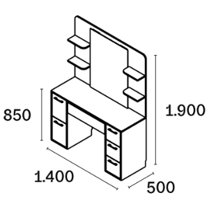 Poste de coiffage et barbier en stratifié avec grand miroir, étagères et tiroirs et option éclairage led