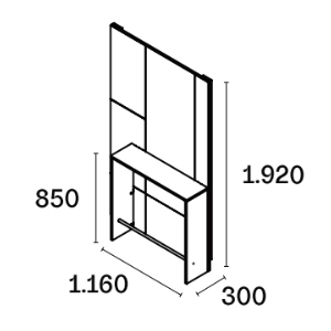 Poste de coiffage avec grand miroir, tablette stratifié avec repose pied intégré et porte séchoir rabattable, panneau décoratif en similicuir
