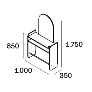 Poste mural une place avec structure en stratifié zone de rangement, porte sèche cheveux, repose pieds et grand miroir en forme d'arche