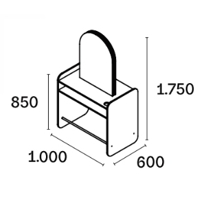 Poste centrale 2 places avec deux grands miroirs doubles faces arrondis sur le dessus, meuble en stratifié avec rangement, porte séchoir et repose pied