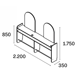 Poste de coiffage deux places linéaire mural, avec grands miroirs arrondis portes séchoirs et reposes pieds intégrés