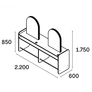 Poste centrale 4 places avec deux grands miroirs doubles faces arrondis sur le dessus, meuble en stratifié avec rangement, porte séchoir et repose pied