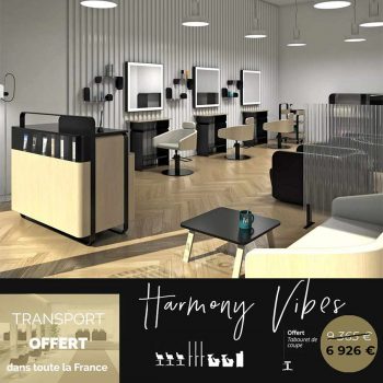 Pack salon de coiffure complet au design épurée, boisée et contemporain, comprenant des bacs à shampoing, fauteuils de coiffure, miroirs et comptoir de réception