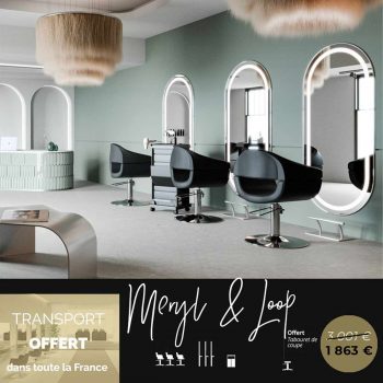 Pack salon de coiffure MERYL & LOOP avec trois miroirs LED et fauteuils noirs à base chromée
