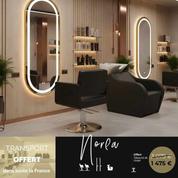 Ensemble coiffure design Pack NOREA avec miroir LED, fauteuil confortable et bac de lavage moderne