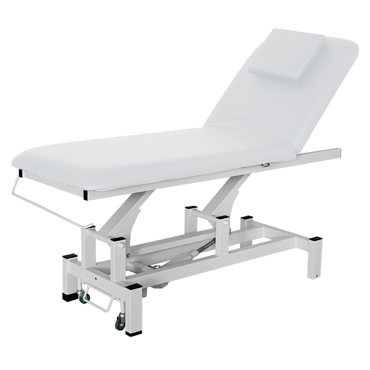 Lit de massage avec porte rouleau et ouverture visage, roulettes escamotables
