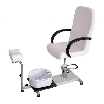 Fauteuil de pédicure ASTRA professionnel avec bain de pieds intégré, repose-pieds pivotant réglable en hauteur, structure stable avec réglage hydraulique, rotation sécurisée et tapis antidérapant pour soins de pédicurie.