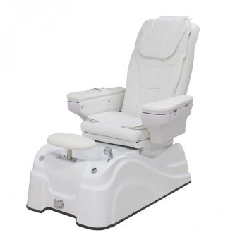 Fauteuil de pédicure professionnel CALN WHITE en PU blanc, avec réglages électriques, accoudoirs rabattables avec bol de manucure, massage shiatsu et air, bain de pieds hydromassant avec douchette et lecteur MP3 intégré.