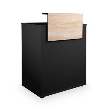 Meuble comptoir d'acceuil structure noir et comptoir effet bois naturel, rangements et tiroir à clés
