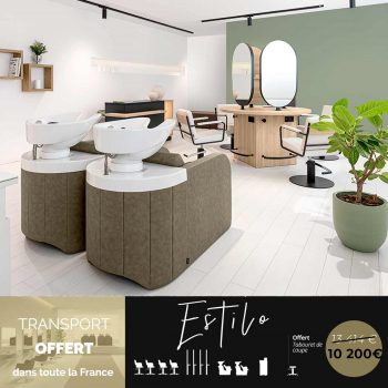 Ensemble de mobilier de salon de coiffure ESTILO avec bacs de lavage, postes de coiffage modernes, fauteuils design et finitions contemporaines.