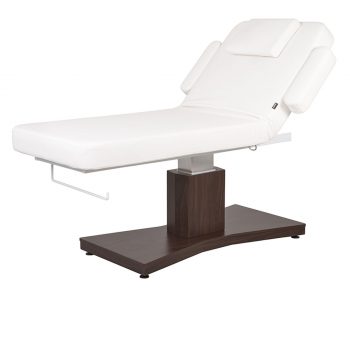 Table de massage GOID DARK avec réglage électrique en hauteur, dossier inclinable manuellement assisté par vérin à gaz, coussin cervical ergonomique avec ouverture faciale, accoudoirs amovibles et porte-rouleau intégré, destinée aux instituts de beauté et centres de bien-être professionnels.