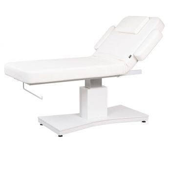 Table de massage GOID WHITE avec réglage électrique en hauteur, dossier inclinable manuellement assisté par vérin à gaz, coussin cervical ergonomique avec ouverture faciale, accoudoirs amovibles, porte-rouleau intégré et base bois stable, destinée aux instituts de beauté et centres de bien-être professionnels.