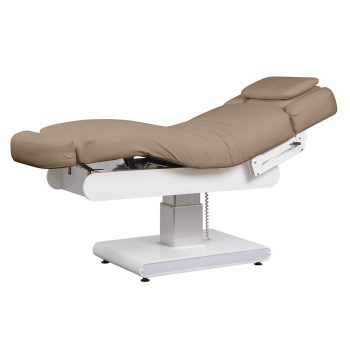 Table de massage spa électrique LEUS BEIGE avec matelas chauffant en PU beige, réglages motorisés, têtière avec ouverture faciale et base avec éclairage LED, conçue pour un usage professionnel.