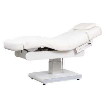 lit de massage avec chauffage intégré, trois moteurs pour régler plusieurs positions, éclairage led d'ambiance sur la base. finition PU blanc