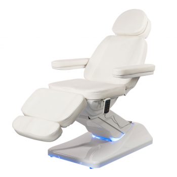 Fauteuil esthétique électrique OASIS WHITE avec 4 moteurs silencieux, structure ultra stable, revêtement PU blanc et éclairage LED intégré.