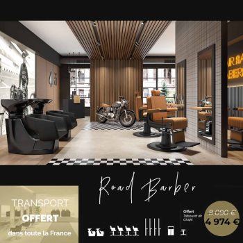 Salon barbier ROAD BARBER avec fauteuils en cuir camel, postes de coiffage ARDO, bacs de lavage FLIPP et design industriel contemporain.