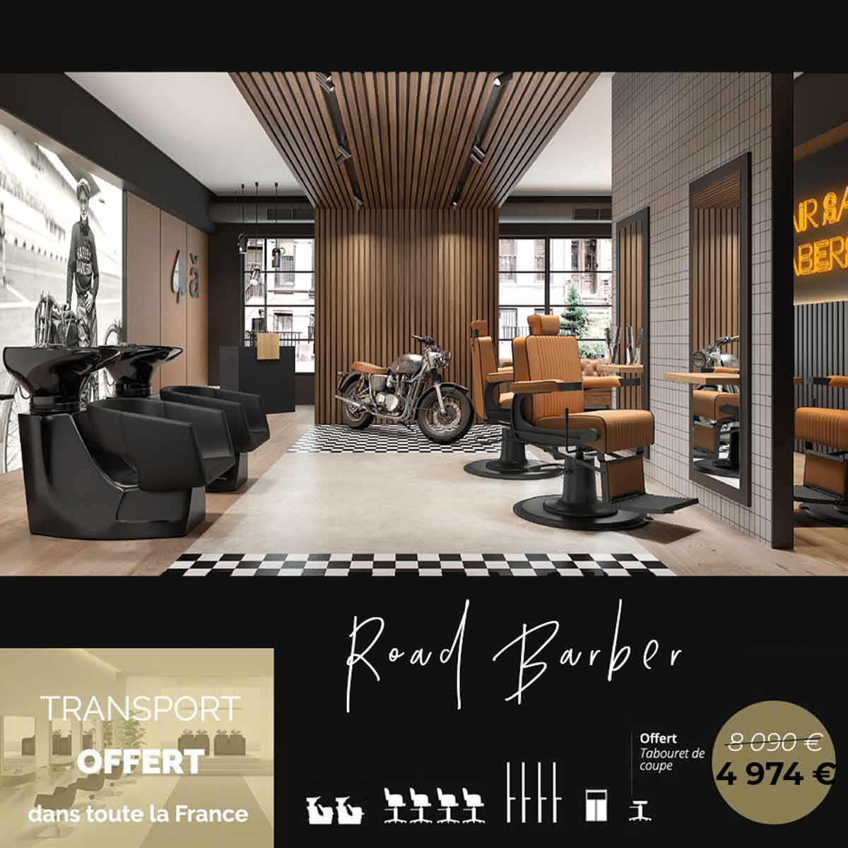 Salon barbier ROAD BARBER avec fauteuils en cuir camel, postes de coiffage ARDO, bacs de lavage FLIPP et design industriel contemporain.