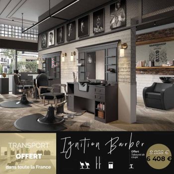 Pack salon IGNITION BARBER avec postes barbier BANSA, fauteuils TYLER, bac à shampoing FAID et meuble de réception VINDO dans un barber shop moderne au style industriel.