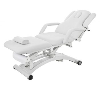 Table de physiothérapie électrique SPEN WHITE blanche équipée de trois moteurs, avec dossier inclinable, accoudoirs modulables, ouverture faciale ergonomique et base stable avec roues intégrées, conçue pour les soins de rééducation et traitements thérapeutiques professionnels.
