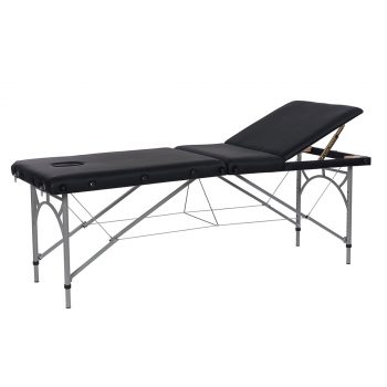Photo de la table de massage portable VASTIS en aluminium, avec dossier inclinable, ouverture faciale et accessoires ergonomiques, prête pour une utilisation professionnelle.
