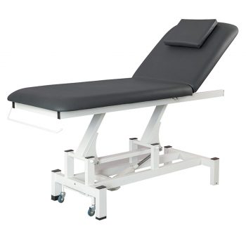 Table de massage électrique VITAL WHITE GREY 2 plans, réglable en hauteur, dossier inclinable, matelas confortable, repose-tête amovible et roulettes escamotables, usage professionnel.