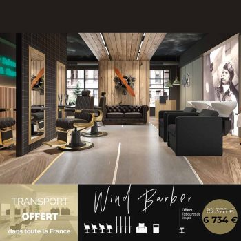 Ensemble mobilier barber shop WIND BARBER incluant fauteuils barbier, bacs de lavage, réception et poste de coiffage