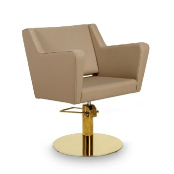 fauteuil de coiffure similicuir beige avec base dorée et pompe hydraulique