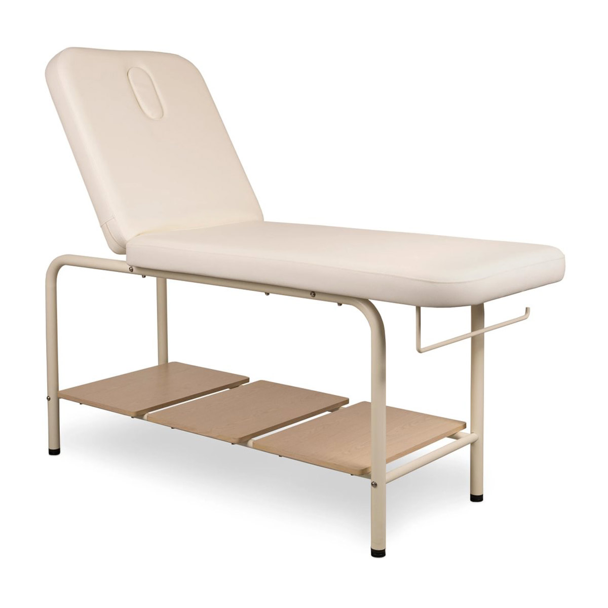 Table de massage fixe ARA CR, structure en métal avec espace rangement sur la base en bois, matelas en PU couleur crème, dossier inclinable, porte rouleau