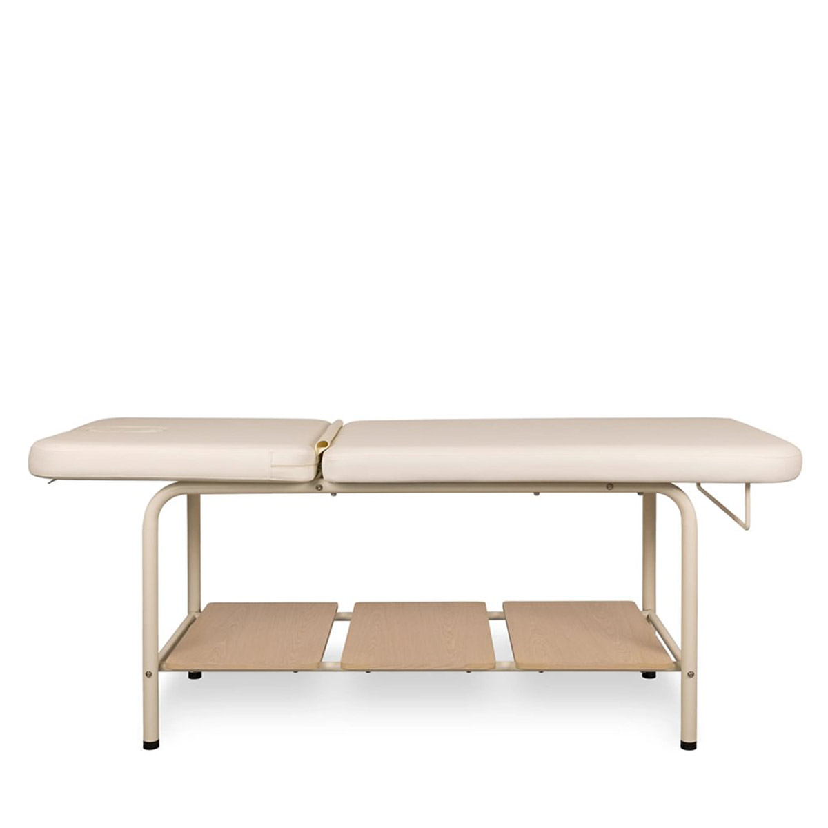 Table de massage fixe ARA CR, structure en métal avec espace rangement sur la base en bois, matelas en PU couleur crème, dossier inclinable, porte rouleau