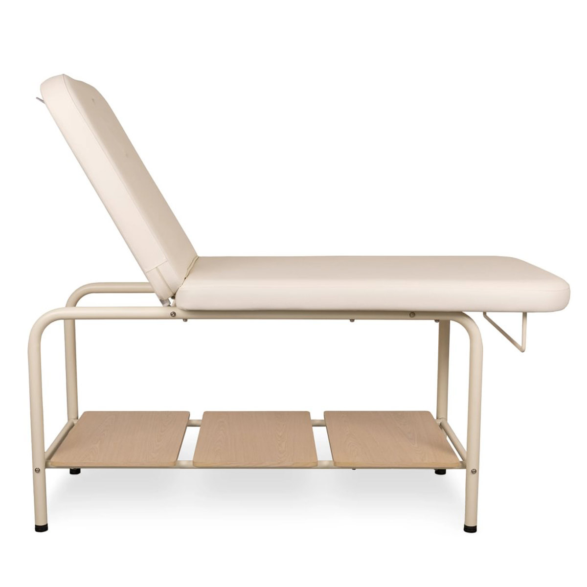 Table de massage fixe ARA CR, structure en métal avec espace rangement sur la base en bois, matelas en PU couleur crème, dossier inclinable, porte rouleau