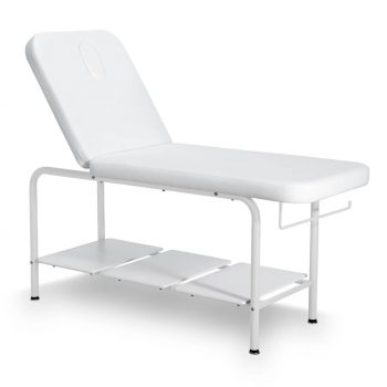 Table de massage professionnelle ARA W structure stable et design blanc, dossier inclinable, porte rouleau, trou pour le visage