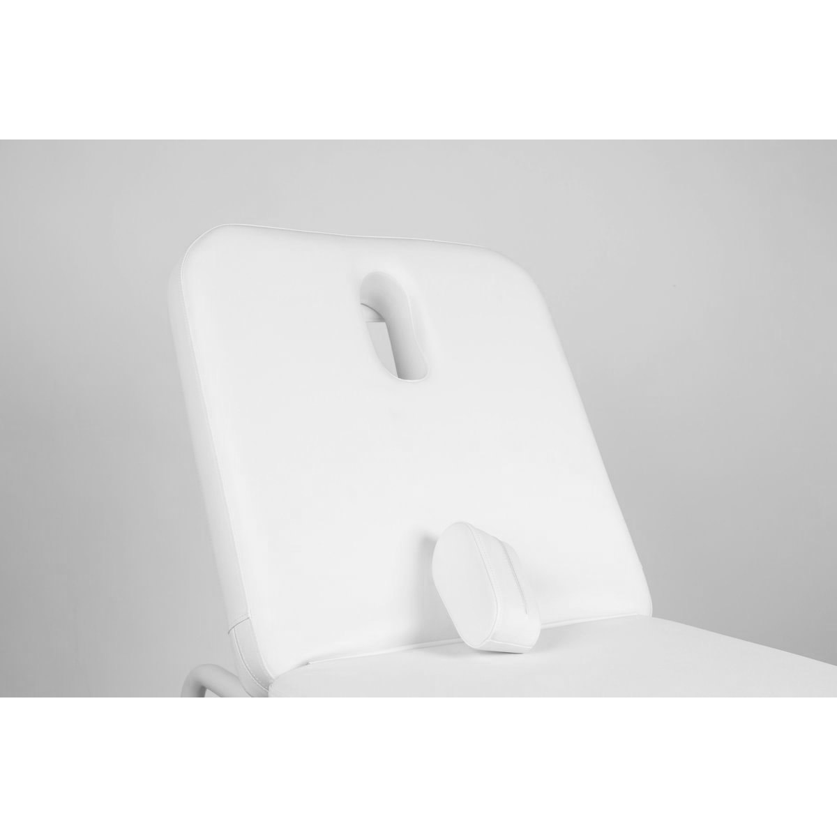 Table de massage professionnelle ARA W structure stable et design blanc, dossier inclinable, porte rouleau, trou pour le visage