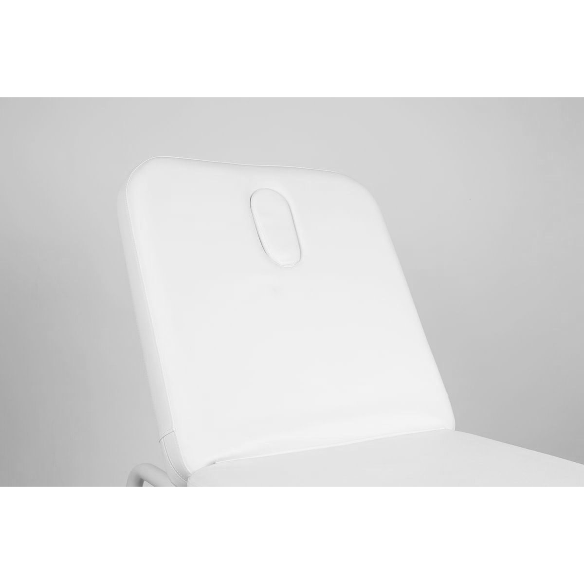 Table de massage professionnelle ARA W structure stable et design blanc, dossier inclinable, porte rouleau, trou pour le visage