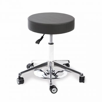 Tabouret professionnel CETI ADAPT DARK GREY avec siège rond, hauteur réglable et base en aluminium à cinq roulettes.