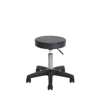 Tabouret d’esthétique LEO XS ergonomique avec assise en mousse haute densité, simili-cuir ignifuge, base stable à 5 branches et roulettes anti-cheveux.