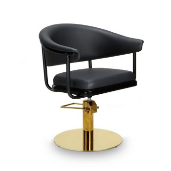 fauteuil de coiffure avec structure metal noir assise couleur noir et base ronde ou carré dorée avec pompe hydraulique