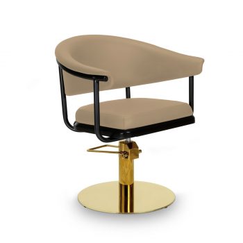 fauteuil de coiffure avec structure metal noir assise couleur beige et base ronde ou carré dorée avec pompe hydraulique