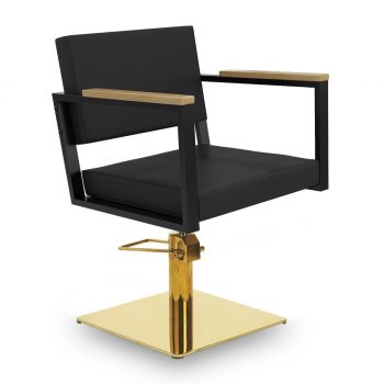 Fauteuil de salon de coiffure structure métal noir, tapisserie similicuir et base carrée dorée avec système hydraulique.