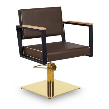 Fauteuil de salon de coiffure structure métal noir, tapisserie similicuir et base carrée dorée avec système hydraulique.