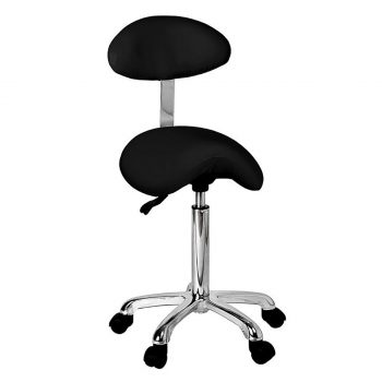 Tabouret ORGANIC PLUS B noir avec dossier selle Pony ergonomique, assise en PU de haute qualité, vérin à gaz pour réglage de la hauteur, base chromée avec roulettes.