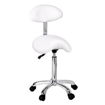 Tabouret ORGANIC PLUS W blanc, assise et dossier ergonomiques type selle Pony, réglage hauteur par vérin à gaz, base chromée avec roulettes, design moderne et confortable.