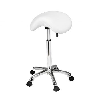 Tabouret ergonomique ORGANIC W blanc avec assise en forme de selle et hauteur réglable.